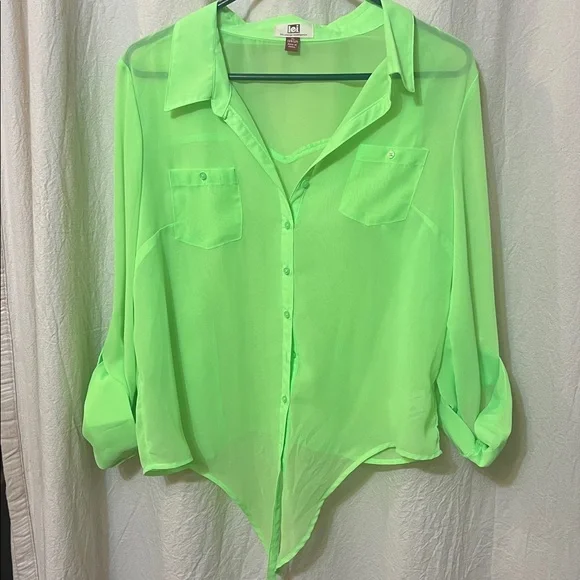 LEI Women's Bright Green Sheer Blouse - Picture 4 of 4